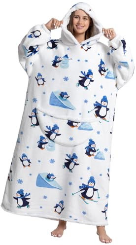 Coperta con cappuccio indossabile a forma di animale, grande, oversize, sherpa, comoda, per adulti e donne, bianco, Extra Long Adult