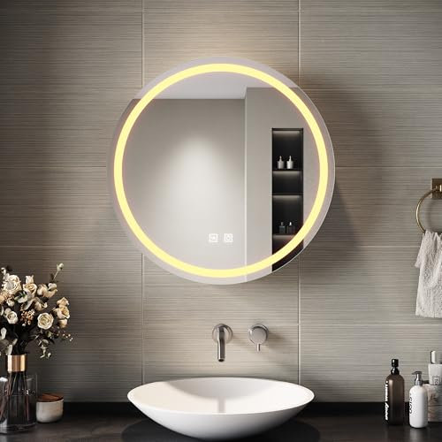 SIRHONA Armoire de Toilette Miroir, Armoire Murale avec Éclairage LED et Prises de Courant, Interrupteurs à Commande Tactile, Dimmable,Trois Températures de Couleur Réglables, 60 x 60 x 14cm