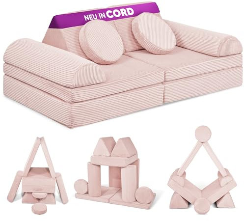 Linodino® Spielsofa Cord Fantasiewelt, Kindersofa-Bausteine mit Cord-Bezug - Stapelsteine für Kinder - Kindercouch, Sofa-Kuschelecke im Kinderzimmer | Schaumstoff-Softbausteine (Prinzessin Rosa)
