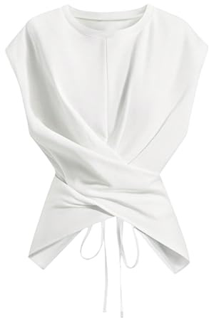 Verdusa Women's Cinched Waist Wrap Top Cap Sleeve Tie Back Going Out Workout Business Casual Tops White Large