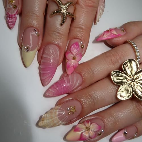 Almond-Shaped Press On Nails with Translucent Gradient Shell Design & 3D Floral Art - 24Pcs Full Cover False Nails for Women Featuring Glossy Pink Nude Tips, Rhinestone Details & Gold Star Charms,