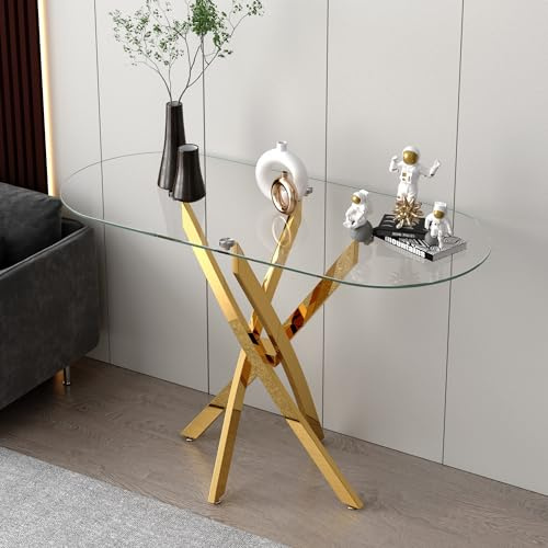 GOLDFAN Konsolentisch aus Glas, moderner zeitgenössischer Stil, Flurtisch mit goldfarbenen röhrenförmigen Beinen, Foyertisch für Eingangsbereich, Wohnzimmer, Büro, rechteckig mit abgerundeten Enden