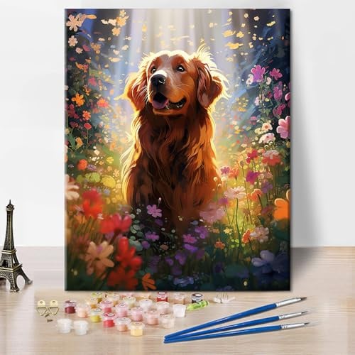 Golden Retriever Kit de peinture par numéros avec pinceaux et peintures acryliques pour adultes chiens DIY Peinture par numéros pour adultes débutants Kit de peinture à l'huile pour cadeau Décoration