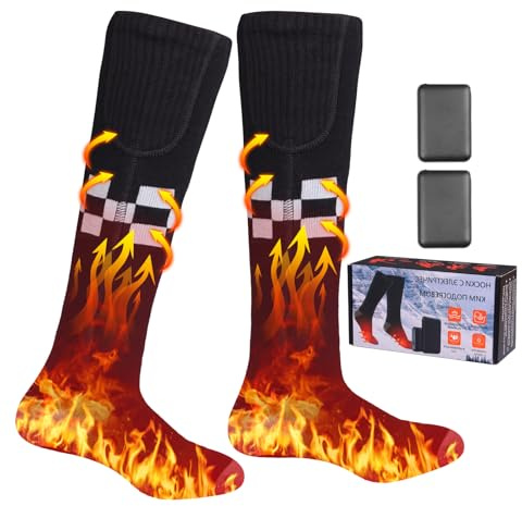 Beheizbare Socken mit 5V 5000mAh Akku, 4 Heizstufen Beheizte Socken für Damen Herren, Wiederaufladbare Winter Wärmesocken für Outdoor Camping Radfahren Skifahren Angeln, Waschbare, Schwarz