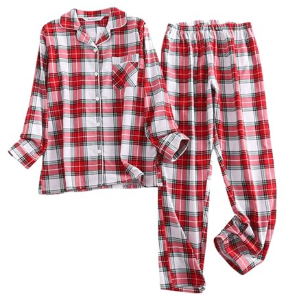 Zanisouta Pyjama long de Noël pour femme - À carreaux - Avec poche - Manches longues - Boutons - En flanelle - Poches douces - Thermique - Pour l'hiver