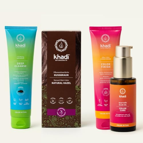 khadi ColorCycle CASTANO AVELLANA Kit completo - Tinte vegetal para el cabello + DEEP CLEANSE Champú clarificante ayurvédico + COLOR FINISH Acondicionador para después del tinte + Aceite capilar COLOR