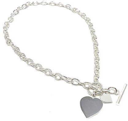 Strictly Gifts Sterling Silver Necklace with Double Heart Tag - 925 Hallmarked - T Bar Fastening