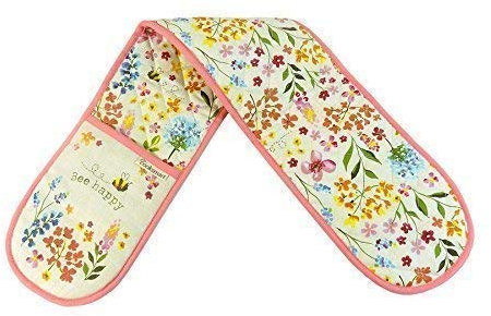 Flower BEE Happy Cream Pink Blue Orange Quilted 100% Cotton Double Oven Glove