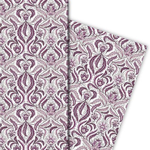 Vintage Geschenkpapier Set (4 Bogen) mit klassischem Paisley Muster, lila, universal Packpapier um schöner zu schenken 32 x 48cm