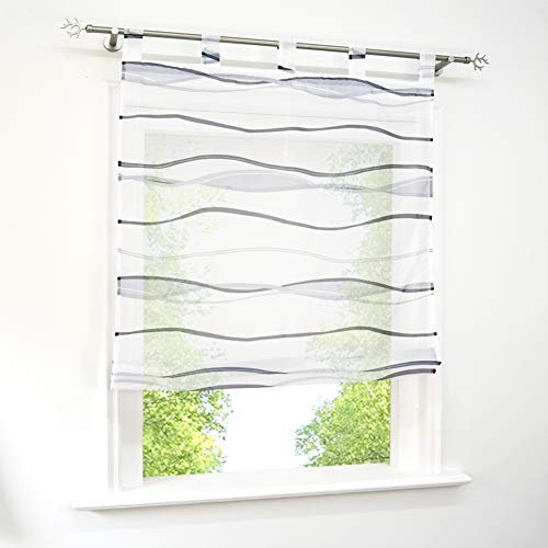 Voile Raffrollo mit Wellen Druck Design Rollos Schlaufen Transparent Vorhang (BxH 120x140cm, Bunt Grau mit Schlaufen)