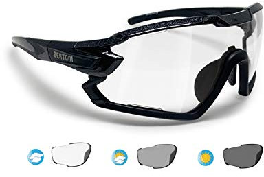 BERTONI Fahrradbrille Sport Sonnenbrille Radbrille MTB mit Sehstärke für Brillenträger mod. QUASAR (Schwartz/Selbsttönende)