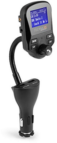 Technaxx FM DAB+ Transmetteur FMT1500BT – Kit mains libres Bluetooth 4.2, 2 ports USB QC 3.0 & 2.4A, AUX-IN, Microphone, Carte MicroSD, Radio DAB+ via FM, Grand écran
