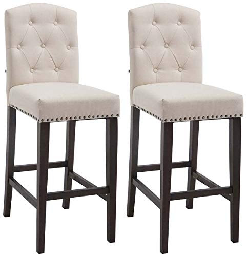 CLP 2er Set Barhocker Louise mit Stoffbezug I Barstuhl aus Holz I Tresenstuhl mit Fußstütze, Farbe:Creme, Gestell Farbe:antik