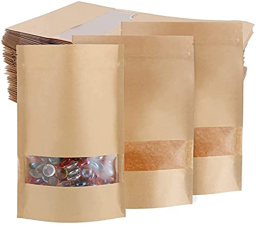 Brun Sachet Kraft Alimentaire, Sac En Papier Kraft Auto-scellant, Sac En Papier Marron Imperméable avec Fenêtre Givrées pour Emballer Des Aliments, Du Thé, Des Collations, Des Épices (500pcs),3#