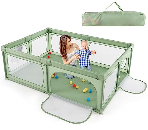 COSTWAY 205 x 147cm Laufstall Baby faltbar, Laufgitter mit 50 Bällen, 2 Türen, atmungsaktivem Netz & Reißverschluss, Laufgitterzelt für Säuglinge & Kleinkinder (Grün, Ohne Matratze)