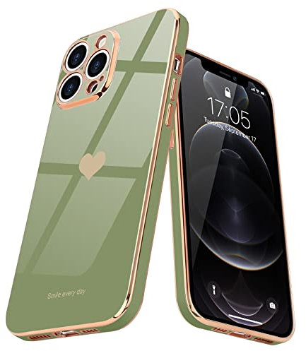Teageo for iPhone 12 Pro Case Cute Heart Pattern for Women Girls Slim Luxury Bling Plating Soft TPU Anti-Scratch Shockproof Bumper Phone Case for iPhone 12 Pro, Light Green