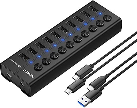 FIDECO Powered USB 3.0 Hub, 10-Port Aluminum USB Hub with Independent On/Off Switch, USB Extension Hub and Splitter with USB C to C Cable, USB A to C Cable, and 12V 4A Power Adapter