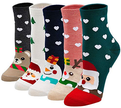 ZAKASA Calcetines Navidad Mujeres Divertidos: Algodón Invierno Calcetines Navideños Calcetin de Fantasía Coloridos Regalo con Dibujos Animales Bonitos Talla 35-42 Navidad-B 5 Pares
