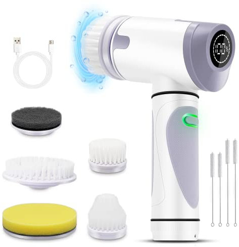 Elektrische Reinigungsbürste Handlich Spin Scrubber Aufladbar Felgenbürste mit 5 Bürstenköpfe Fliesen Reinigungsgerät Schrubben Bürste Wasserdicht für Bad Kitchen Boden Ecken Fenster Auto,LED-Display
