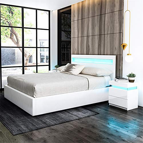 Senvoziii LED Bed Frame Ottoman Gas Lift Up Bed 4ft6 Double Size Faux Leather Storage Bed Frame for Adults, Teenagers, White (No Mattress)