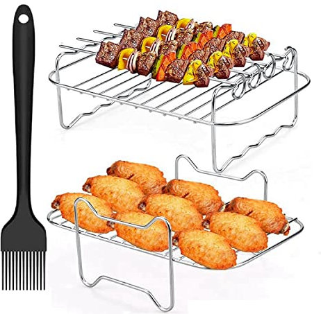 2 Pcs Air Fryer Rack for Ninja Dual Zone, Air Fryer Accessories, Stainless Steel Grill Rack with Skewers, Oil Brush Compatible with Ninja AF300UK/AF400UK, Tower, Salter and Other Dual Zone