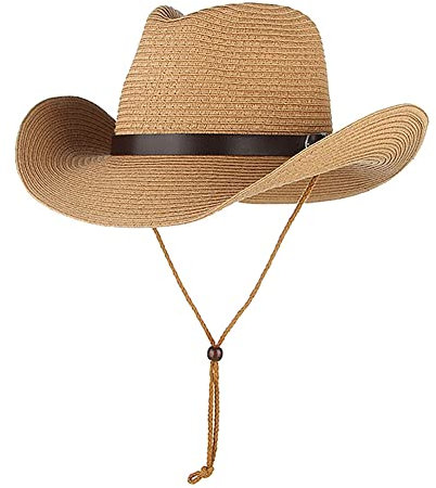 QCHOMEE Unisex Panama Hat - Men's Straw Cowboy Fedora Trilby Church Derby Cap - Brown Classic Jazz Gentleman's Hat with Adjustable Chin Strap for Men & Women - Summer Talent Show Performance