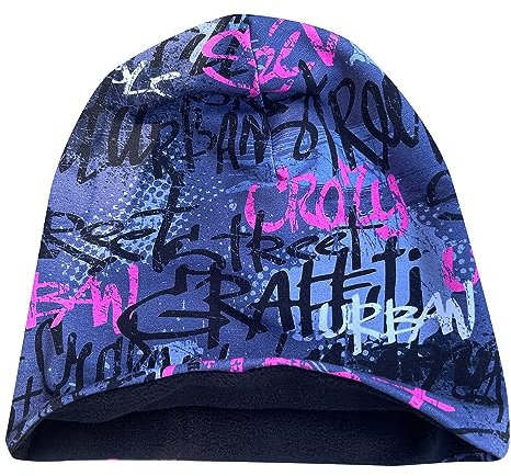Wollhuhn Öko Warme Winter Jungen/Mädchen/Kinder Winter Long Beanie Mütze Mit Fleecefutter Versch. Motive (aus Öko-Stoffen, Bio) 20220666 (Skater Grau/Pink, L)