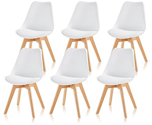 KHG 6er Set Esszimmerstühle Polsterstuhl Skandi Look - Stuhlbeine Massivholz Buche, Kunststoff Sitzschale, gepolstertes Kunstleder-Sitzkissen, modern & pflegeleicht, belastbar bis 150 kg - Weiß