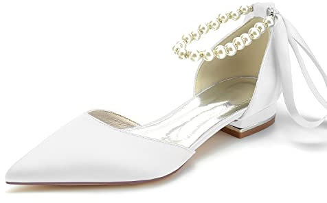 Women's Low-Heeled Flats Shoes Satin Pointed Toe Ankle Strap Ballet Dress Shoes Rhinestone Bridal Wedding Court Shoes Evening Prom Party Dress Shoes Pumps,White,8 UK