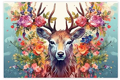 NOLLAM Hirsch Bild Auf Leinwand-Tier Leinwand Gemälde Wandkunst Poster Und drucke-Bunt Hirsch in Blumen Leinwandbilder XXL-Abstrakte Graffiti Kunstdrucke für Wohnzimmer40x60cm16 x24ohne Rahmen