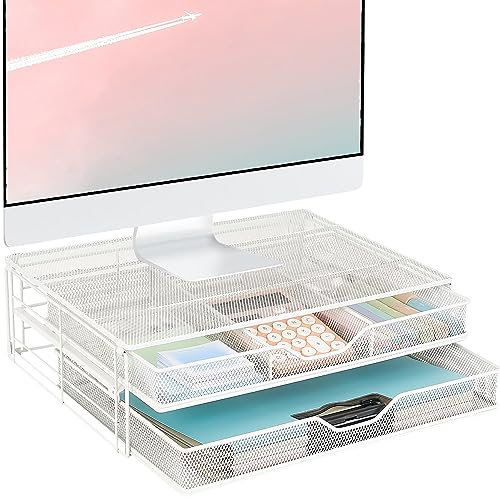 Spacrea Computer Monitor Stand for Desk with 2 Drawers, Metal Monitor Riser Desk Organizer, Computer Stand for Desktop Monitor, Monitor Stand Riser Laptop Stand for Desk, PC, Laptop, Printer, White