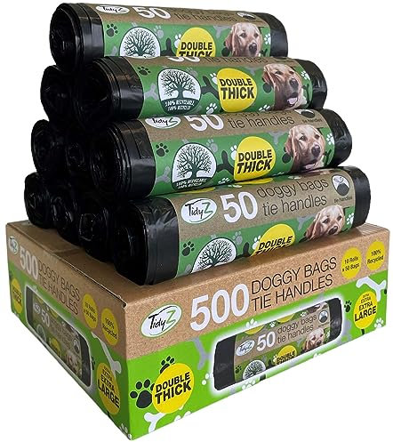 500 TidyZ Dog Poo Bags. Made from 100% Recycled Plastic. Extra Strong, Extra Large Pet Waste Bags. Tie Handles. On a Roll. Unscented. Leakproof. 10 rolls of 50