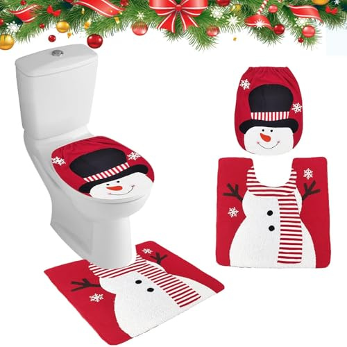 Figarge Weihnachts Toilettensitzbezug Dekorationen Toilettensitzbezug Weihnachten Teppich Set Weihnachtsmann Schneemann Elch Toilettenvorleger Set WC Sitz Abdeckung für Badezimmer, 2 Stücke