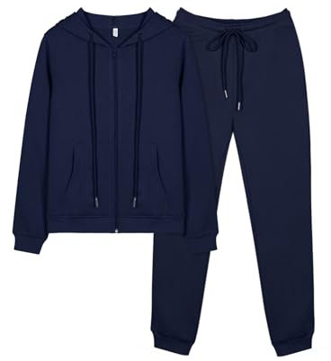 REORIA Damen Trainingsanzüge Warm Baumwolle Hausanzug Dicker Jogginganzug Set Langarmes Activewear Workout Set Sport Outfit Kapuzenpullover und lange Hose Marineblau L