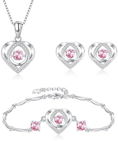 Bewenda Schmuckset Damen Silber 925 Set, 3 Stück Herz Silberschmuck Set für Frauen Hochzeit Party, Anhänger Halskette & Ohrringe Ohrstecker & Armband Set mit Zirkonia, Moden Rosa Schmuck Set Damen