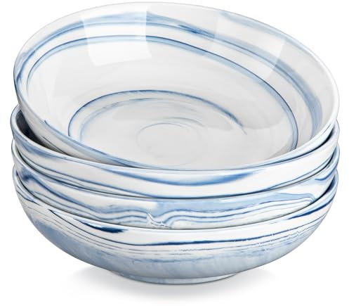 MALACASA Série REGULAR Bols à Pâtes en Porcelaine 1200 ml, 4 Grands Bols Ronds 21 cm pour Pâtes Salade Soupe, Assiettes Creuses en Marbre Bleu pour Cuisine, Passe au Micro ondes et au Lave-vaisselle