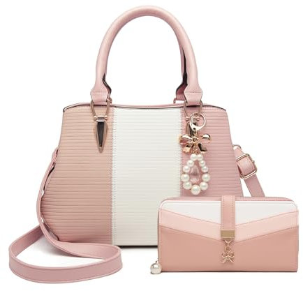 Miss Lulu Damen Handtasche Henkeltasche mehrfarbig PU Leder mit Perle und Crystal Style Drop Alltags Mode Arbeit (Rosa Geldbörse Set)