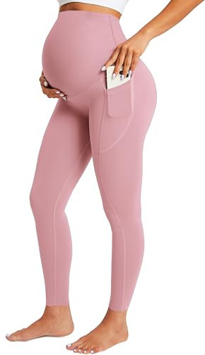 BAYDI Nudi - Leggings de maternidad para mujer con bolsillos, opacos, largos, cintura alta, pantalones de maternidad, suaves, elásticos, rosa/morado, XL