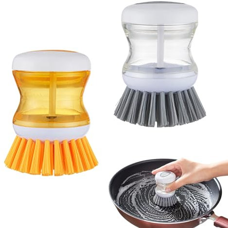 Washing Up Brush with Detergent Dispenser, Pack of 2, Kitchen Brush, Washing Up Brush, Fillable Washing Up Brush, Cleaning Dish Brush for Plates, Pots, Pans, Glassers and Sinks (Grey & Yellow)