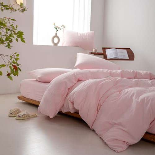 HAIBA Housse de Couette 220x240cm Rose Clair Coton - Housse de Couette 2 Personnes Douce sans Repassage avec 2 Taies d'oreiller 50 x 75 cm
