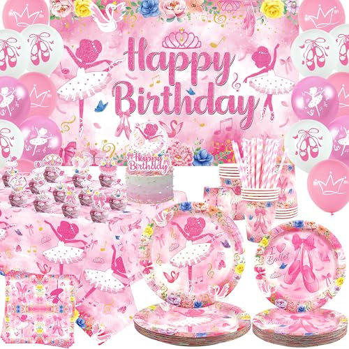 Bailarina Cumpleaños Decoración de Fiesta de Ballet Accesorios de Fiesta Platos Tazas Servilletas Mantel Feliz Cumpleaños Fondo Globos Pastel Toppers para Niñas Mujeres Danza Fiesta