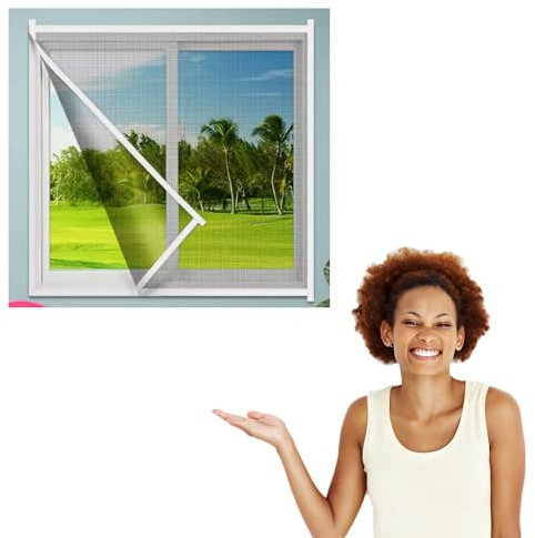 85 x 170 cm, Fliegengitter für Fenster, verstärktes Moskitonetz-Fenster, Vollrahmen-Haken und Schlaufe, mit Klebeband, ohne Bohren, katzensicher Fensterschutz