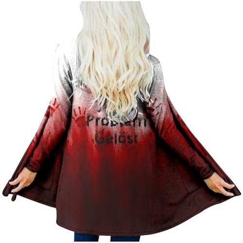 Problem Gelöst Halloween Strickjacke Damen - Open Front Blutig Bedruckt Jacke Leichte Lang Horror Dünne Strickjacke Langarm Blood Cardigan mit Taschen (001k Wein, L)