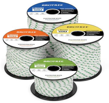Brotree Braided Polyester Rope 3mm x 30m White/Green - Low Stretch Braided Polyester Cord for Marine, Boat, Mooring, Flagpole Halyard - 200KG Breaking Load