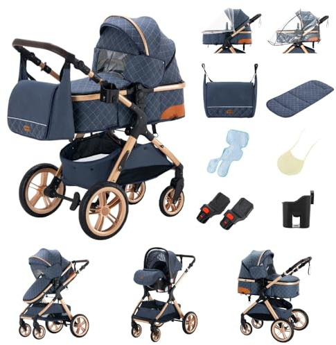 GLOKID 3 in 1 Kinderwagen Komplettset | Bis 22 kg, Höhenverstellbarer, Verstellbare Liegeposition, Kompakt Zusammenklappbar | Inkl. Babyschale, Wickeltasche, Moskitonetz und Adapter (FGX1 Blau)