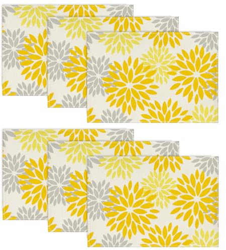Artoid Mode Blumen Gelb Dahlien Sommer Platzsets 6er Set, 30x45cm Frühling Urlaub Tischsets Waschbar Platzdeckchen Küche Party Deko