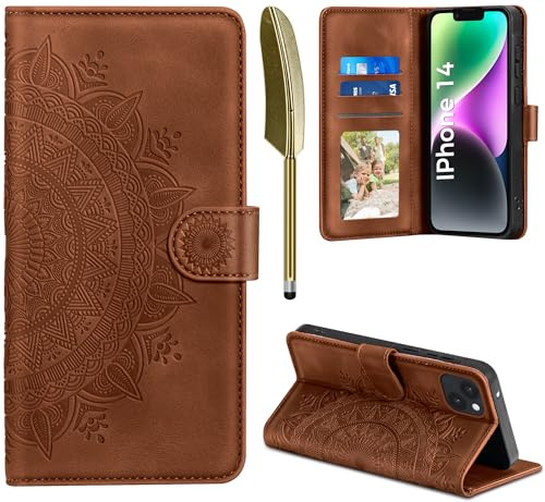 EASDNB Leather Case for iPhone 14 Case, Mobile Phone Case for iPhone 14 Flip Wallet PU Leather Case [Card Slot] [Magnet] [Stand] Embossing Flip Case Protective Cover for iPhone 14, Dark Orange