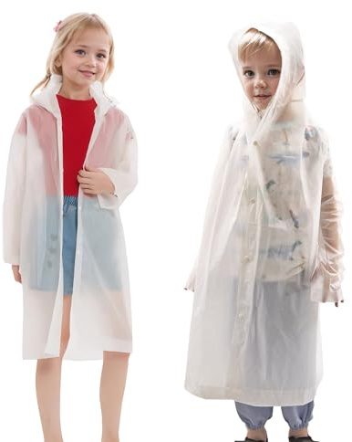 Vckrio 2 Pezzi Poncho Impermeabile Bambini Bambino, Bianco Portatile Riutilizzabile Giacche Cappotto da Pioggia Ripiegabile Traspirante Mantella Anti Pioggia per Bicicletta Parchi Pesca 5-11 Anni