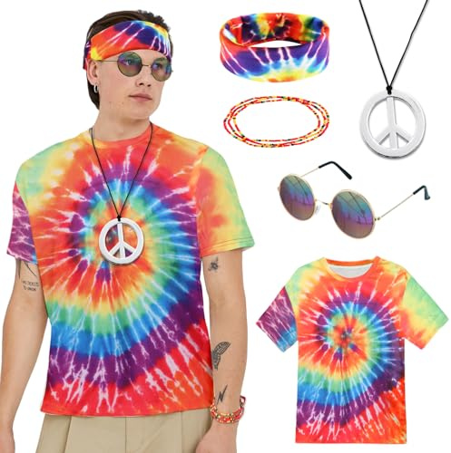 Hippie Kostüm Herren, 60er 70er Jahre Bekleidung Herren Set mit Hippie T-Shirt, Peace Halskette, Stirnband, 60er 70er Jahre Outfit Kostüm Kit für Party Fasching Karneval