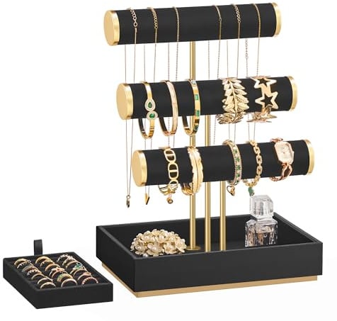 SONGMICS Bracelet Holder Stand, Jewelry Display Stand, Jewelry Organizer, with 3 Tiers and Velvet Tray, Removable Ring Holder, Ink Black UJJS027B01